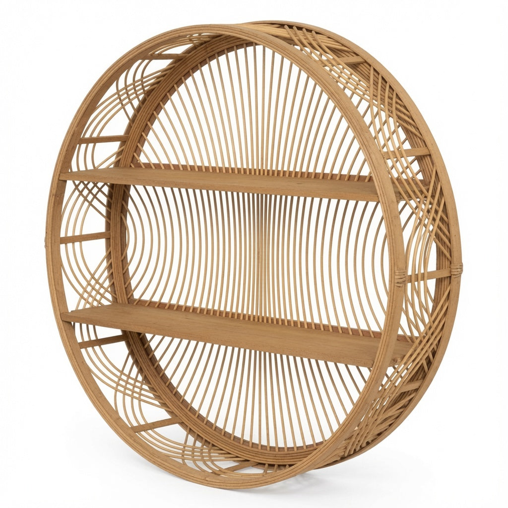 Modern Round Wall Shelf with Wooden Shelves, Decorative Metal Hanging Display Shelf for Living Room, Bedroom, Bathroom & Entryway